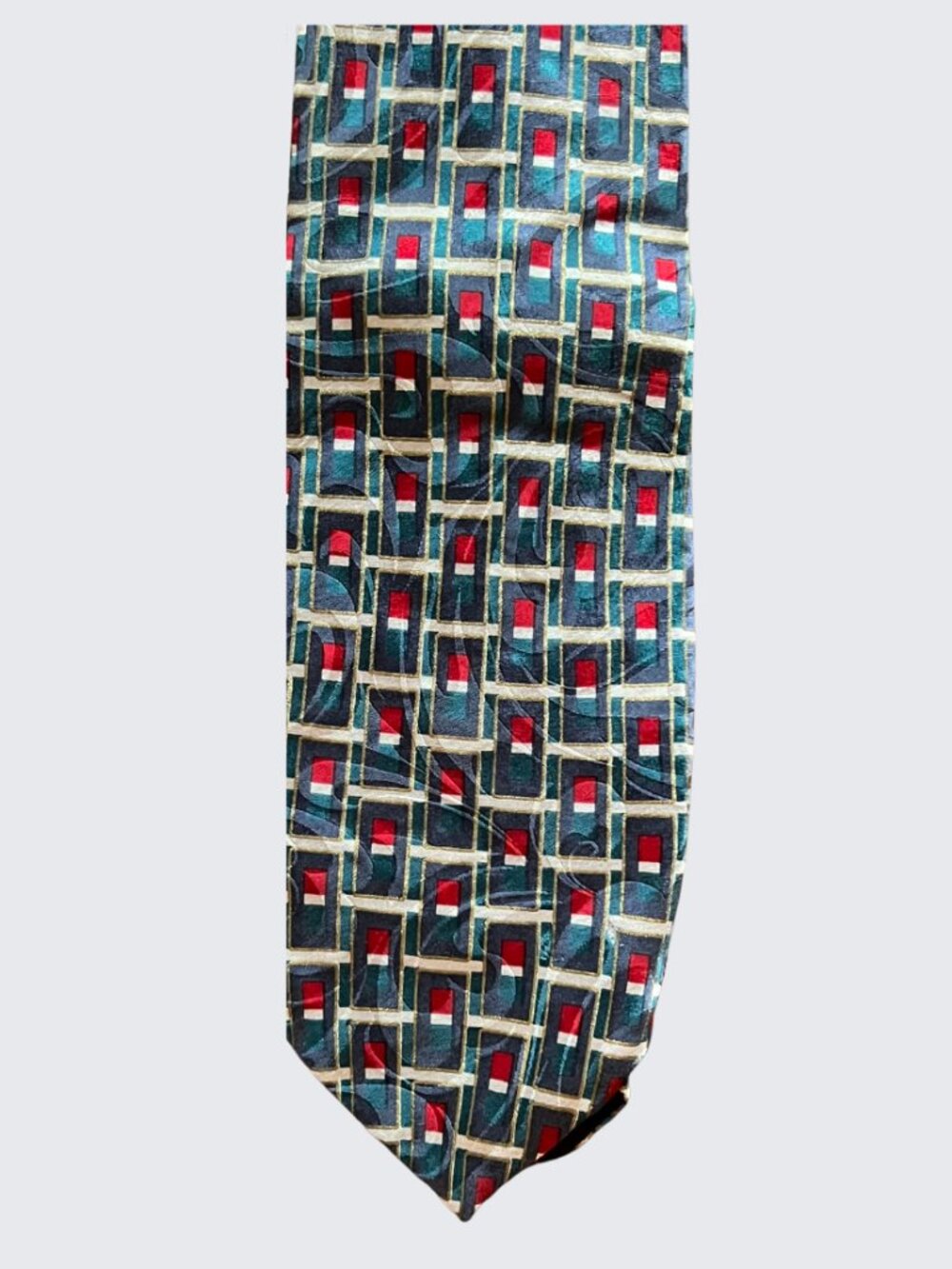 Vintage Je Suis Silk Tie Mens Retro Geometric Teal Red Gold Block Pattern USA